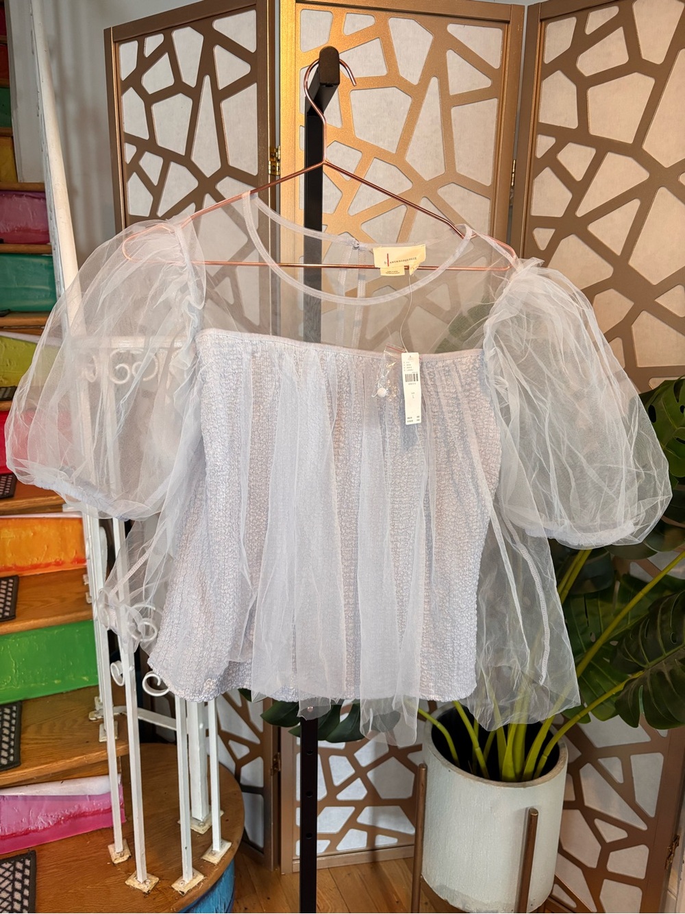 Anthropologie Sheer Tulle Puff Sleeve Smocked Top L NWT